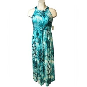 Calvin Klein Womens Halter Maxi Dress Size 14 Blue Snake Print Tie Waist NWT
